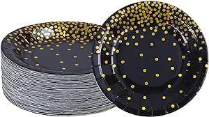 Aneco 60 Pieces 7 Inches Black Bronzing Disposable Paper Plates Dinnerware Plates Gold Foil Polka Dot Plates for Party Graduation Wedding Anniversary Birthday