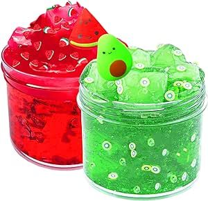 BATURU Non-Sticky Jelly Cube Clear Slime, Soft & Stretchy Crunchy Slime kit, Fruit-Scented Slime, Safe and Long-Lasting Toys Gifts for Girls and Boys Ages 6+, Stocking Stuffers for Kids (Red+Green)
