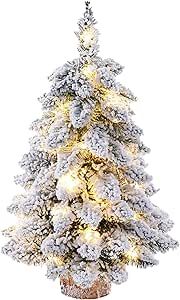 PRTECY 1 Prelit Tabletop Christmas Tree Snow Flocked Christmas Tree with Led Lights Wood Base Mini Xmas Pine Tree for Table Desk Home Christmas Decor