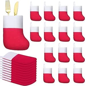 24 Pcs Mini Christmas Stockings Classic Mini Stockings with White Cuff Felt Christmas Stocking Holders Rustic Xmas Socks Decoration for Gift Card Candy Xmas Tree Wreath Tableware (Rose Red and White)