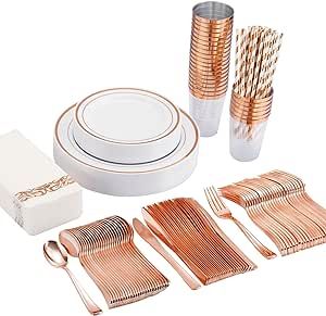 200PCS Rose Gold Plastic Dinnerware Sets Disposable Rose Gold Rim Plates, Cutlery, Clear Cups, Paper Straws and Linen-like Napkins Tableware Served for 25 Guests Wedding, Birthday, Thanksgiving Party