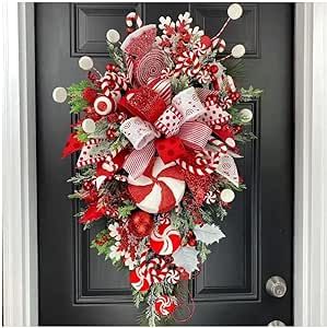 Christmas Candy Cane Wreath Decoration, Front Door Halloween Wreath, Candy Christmas Ball Wreath for Home Indoor and Outdoor Decoration