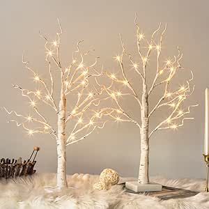 Vanthylit Tabletop Christmas Tree, White Birch Tree with LED Lights- Set of 2, Warm White Small Tree Lights Battery Powered Timer, Lighted Tree for Mantle Christmas Decorations (2FT, 24LED)