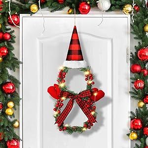 21 Inch Lighted Christmas Wreath Decoration, Snowman Shape Wreath with Hat and Bow, Pine Needle Red Fruits Wreath for Front Door Home Garden Wall Decor