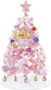 Mini Christmas Tree, 2ft Small Christmas Tree Pink, Artificial Tabletop Christmas Tree with 47pcs Ornaments LED String Lights and White Tree Skirt Christmas Decors for Home Office Party