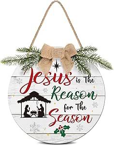 Christmas Decorations Wooden Hanging Sign Jesus is The Reason for The Season Xmas Door Hanging Sign Christmas Nativity Scene Front Door Sign Wreath for Xmas Holiday Front Door Wall Decoration (White)