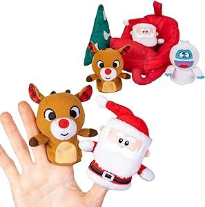 KIDS PREFERRED Christmas Rudolph The Red-Nosed Reindeer Finger Puppet Playset with Sleigh, 5 Pieces, Christmas Stuffed Animal Plush Toys, Finger Hands Party Toys (23133)