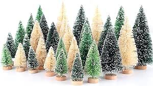 30Pcs Mini Christmas Trees - Artificial Christmas Tree Bottle Brush Trees with 5 Sizes, Snow Trees with Wooden Base for Christmas Party Home Table Craft Decor (GrassGreen+Green+White)