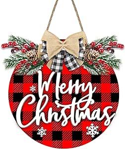 Christmas Decorations Merry Christmas Sign Outdoor Wreath Door Sign Wooden Sign Buffalo Plaid Christmas Decor Hanging Sign Wood Christmas Welcome Sign for Front Door Wall Winter Holiday Xmas Home Deco