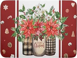 Merry Christmas Dish Drying Mat for Kitchen Counter Xmas Poinsettia Flower Farmhouse Dish Drainer Rack Mats Pad for Home Kitchen Countertops Plates Tableware Decor, 18 x 24 Inch