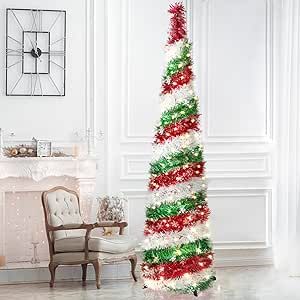 HWTMXK Pop up Christmas Tree, 5 Ft Tinsel Christmas Tree, Collapsible Christmas Tree, Easy to Assemble and Store with 100 LEDs String Lights 2 Modes, Fireplace Party Home Xmas Decorations