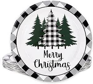 Whaline 24Pcs Christmas Paper Plates Xmas Tree Black Buffalo Plaid Edge Round Disposable Plates 9 Inch Merry Christmas Decorative Tableware for Christmas Holiday Dinner Birthday Party Supplies