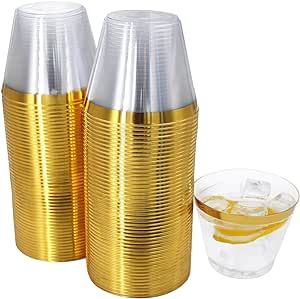 LFGUD 100 Pcs Gold Plastic Cups, 9 oz Disposable Plastic Party Cups, Disposable Hard Plastic Drinking Cups With gold Rim for Wedding, Thanksgiving Day, Christmas,Party