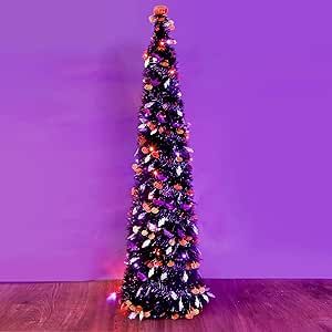 Fonder Mols Halloween Black Tree with Orange & Purple Lights, 5ft 50LED Battery Operated Lighted Pop Up Collapsible Pumpkin Top Tinsel Pencil Tree for Scary Halloween Decorations Indoor Outdoor