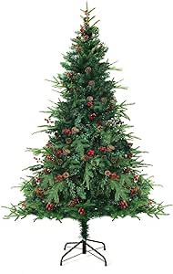 cudinham 6ft Christmas Tree Artificial Christmas Tree with 750 Branch Tips, 50 Red Fruits, 50 Pine Cones, for Indoor Outdoor Holiday Decorations, Easy to Assemble, Green 180cm