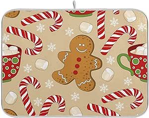 KFBE Merry Christmas Gingerbread Dish Drying Mat Snowflake Kitchen Drying Pads Tableware Drying Absorption Foldable Kitchen Counter Decoration 18x24in 20816356