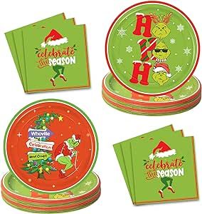 Guass Christmas Party Plates and Napkins Table Decorations - 32 Pack Christmas Party Decorations Dinnerware Set for Xmas Holiday Birthday Baby Shower Party Favors, Serve 16, Green,Red, 9'' , 6.4''