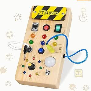 Montessori Busy Board for Toddlers 1-3, Wooden Sensory Toys with 8 LED Light Switches for 1+ Year Old Baby Kids Autism Christmas Stocking Stuffers Birthday Gifts for 2-4 Year Old Boys Girls