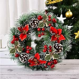 Christmas Wreaths for Front Door Xmas Art Decorations Thanksgiving Day Indoor Outdoor Home Decorative Wreath Three Red Flowers Pine Cones Fruits Leaves Snowflakes Wreaths Wall Window Door Wreath