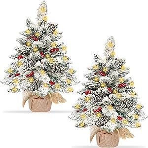 [ 2 Pack & Timer ] 20 Inch Snow Flocked Prelit Christmas Tabletop Tree Decorations, Super Thick Tree 40 Lights Battery Powered Pine Cones Red Berries Artificial Xmas Tree Christmas Indoor Home Decor
