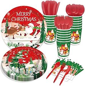 Comemall Christmas Tree Santa Claus Paper Plates Party Supplie Plates and Napkins Birthday Disposable Tableware Set Party Dinnerware Serves 8 Guests for Plates, Napkins, Cups 68PCS