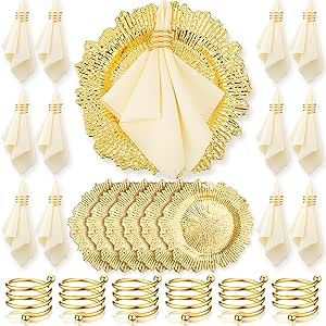 Tanlade Set of 12 Gold Charger Plates Christmas Dinnerware Tableware Set with Satin Cloth Napkins Gold Rings Holders Buckles for Wedding Birthday Dinner Party Family Gatherings Elegant Place Setting