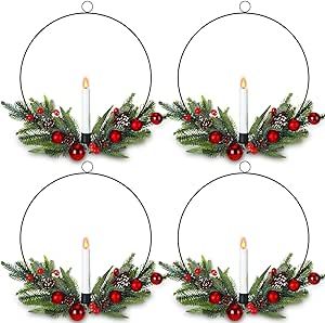 Tigeen 4 Pack Christmas Wreath for Front Door Window 11.8" Christmas Door Wreath with LED Taper Candles Xmas Wreath for Holiday Christmas Party Decors Outdoor Lighted Christmas Wreath for Front Door