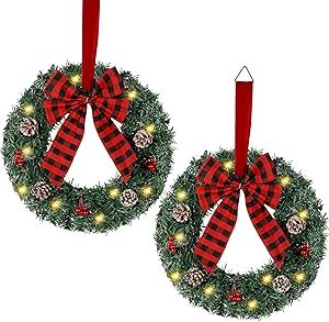 Zcaukya 14" Pre-lit Christmas Wreath, 2 Pack 10 LEDs Lighted Xmas Wreath Adorned with Buffalo Check Bowknot Pinecones Red Berries, Artificial Front Door Wreath with Ribbon for Hanging