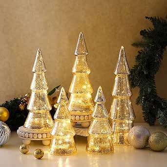 Retisee Set of 5 LED Glass Christmas Tree with Battery Operated Lights 2.76 In Tabletop Xmas Lighted Glass Conical Ornaments Christmas Tree Figurine for Party Mantle Decor Table Decoration Centerpiece