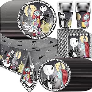 81pcs Nightmare Before Halloween Decorations, Halloween Birthday Party Baby Shower Decorations Tableware Set Include 1pc Waterproof Tablecloth, 20pcs Plate 7inches, 20pcs Plate 9inches, 20pcs Napkins and 20pcs Cups Serve 20 Guest