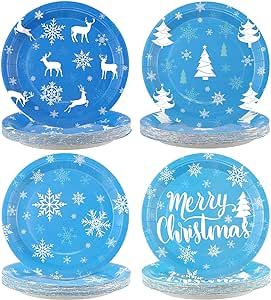 Sunnyray 100 Pack Christmas Paper Plates Christmas Party Plates 9 Inch, Blue Snowflake Disposable Dinner Plates for Xmas Holiday Winter Party Supplies(Snowflake)
