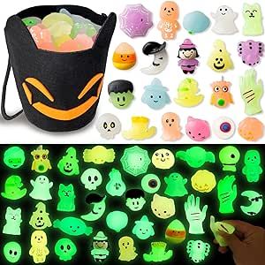 36pcs Halloween Squishy Toys Glow in The Dark Mochi Squishy Stress Toys with Bat Bucket for Kids Halloween Party Favors Trick or Treat Goodie Bag Toys Gifts for Kids