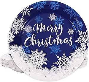 Whaline Christmas Paper Plates White Blue Snowflake Round Disposable Plates 9 Inch Merry Christmas Decorative Tableware for Christmas Winter Holiday Dinner Birthday Party Supplies, 24Pcs