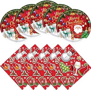 Hqyybf Christmas Decorations Party Supplies Sets, Christmas Paper Plates and Napkins Set, 20 Plates and 20 Napkins, Merry Christmas Party Decorations Serves 20