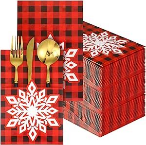 Yeaqee 36 Pcs Christmas Silverware Holder Pocket Christmas Red and Black Buffalo Plaid Tableware Cutlery Organizers Rustic Snowflake Knife Fork Flatware Bags for Christmas Party Dinner Table Supplies