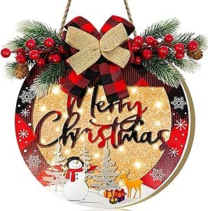 [ Lighted & Timer ] Merry Christmas Wreath Sign Lights for Front Door Christmas Decoration Battery Operated Buffalo Plaid Red Berry Pinecone Snowflake Snowman Xmas Decor Outdoor Indoor Home Wall Porch