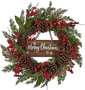 20 Inch Christmas Wreath with Pinecone Berries Christmas Decorations Front Door Wreath for Outdoor Indoor Party Wall Table Home Decor