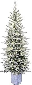 Puleo International Pre-Lit Potted Flocked Arctic Fir Pencil Artifical Artificial Christmas Tree, Green, 301-PTO9760-60LW120