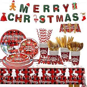SelfTek 195 Pcs Christmas Party Supplies Tableware Set, Disposable Dinnerware Christmas Buffalo Plaid Plates Cups Napkins Tablecloth Party Supplies for Xmas Party(Serves 24 Guests)