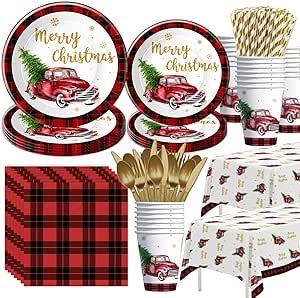 APOWBLS Christmas Party Decorations Dinnerware - Christmas Party Supplies Include Plates, Cups, Napkin, Tablecloth, Cutlery, Straw, Xmas Theme Christmas Table Decorations Tableware Supplies | Serve 24