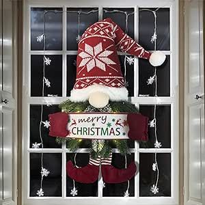 Vehcarc Christmas Wreaths for Front Door, 24 Inches Hanging Santa Claus Sign, Decoration with Gift Box, Lighted Christmas Wreath Home Office Coffee Bar Wall Decor Merry Christmas Sign Indoor Outdoor