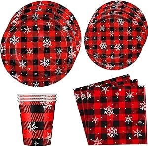 Ruisita 122 Pieces Buffalo Plaid Party Supplies with Snowflake Christmas Paper Plates Red and Black Plaid Party Tableware Paper Plates Paper Cups and Napkins for Christmas Party, Serves 24 Guests