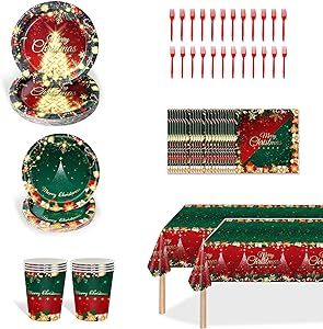 Christmas Party Supplies Set for 24 Guests, 122 Pcs Red Green Christmas Tableware Sets Include 2 Large Merry Christmas Tablecloth, Plates, Napkins and Cups for Holiday Party Decorations