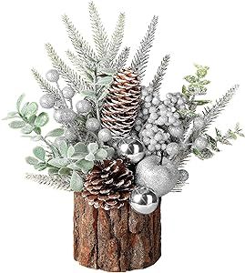 Hatisan Small Christmas Tree, Artificial Christmas Tree with Christmas Ornaments Pine Cone Berry, Tabletop Christmas tree for Christmas Decorations Home Room Party Winter Indoor Outdoor (Silver-Round)