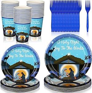Sliner 96 Pcs Christmas Nativity Party Supplies Religious Baptism Party Decoration Set Jesus Holy Night Disposable Tableware Includes Paper Party Plates Cups Forks for Winter Holiday Xmas Decorations