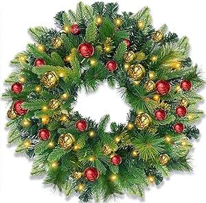 Prelit Christmas Wreath Decor for Front Door Realistic Tips 50 Lights Timer 32 Ball Ornament 160 Branch Pine Needles Battery Operated Artificial Wreath Christmas Decoration Home Indoor Outdoor