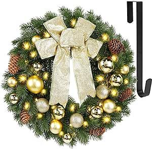 Hausse Lighted Christmas Wreath with Metal Hanger, Pre-lit Xmas Wreath with Large Golden Bow & Balls, 8 Modes & Timer, Battery Operated with 40 Lights, for Front Door Gate Wall Xmas Party Decorations
