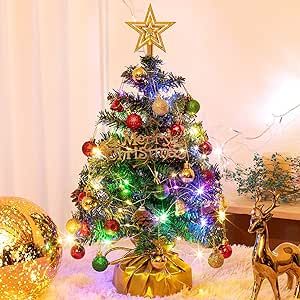 XmasExp 20" Tabletop Mini Christmas Tree Set with 2 LED Lights, Star Treetop,Ornaments Balls,Bells and Pine Cones,Best DIY Christmas Decorations Green