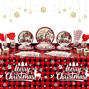 194 Pieces Red Truck Christmas Party Supplies Tableware Set, Buffalo Plaid Dinner Dessert Plates Paper Cups Napkins Plastic Tablecloth Knives Forks Straws for Vintage Xmas Holiday Party Decorations