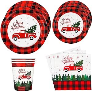 Ruisita 122 Pieces Buffalo Plaid Party Tableware with Truck and Christmas Tree Christmas Paper Plates Red and Black Plaid Xmas Party Supplies Paper Plates Cups Napkins for Xmas Party, Serves 24 Guests